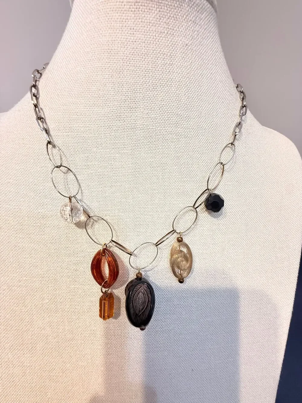 Vintage Art Glass Bead Dangle Silver Tone Necklace